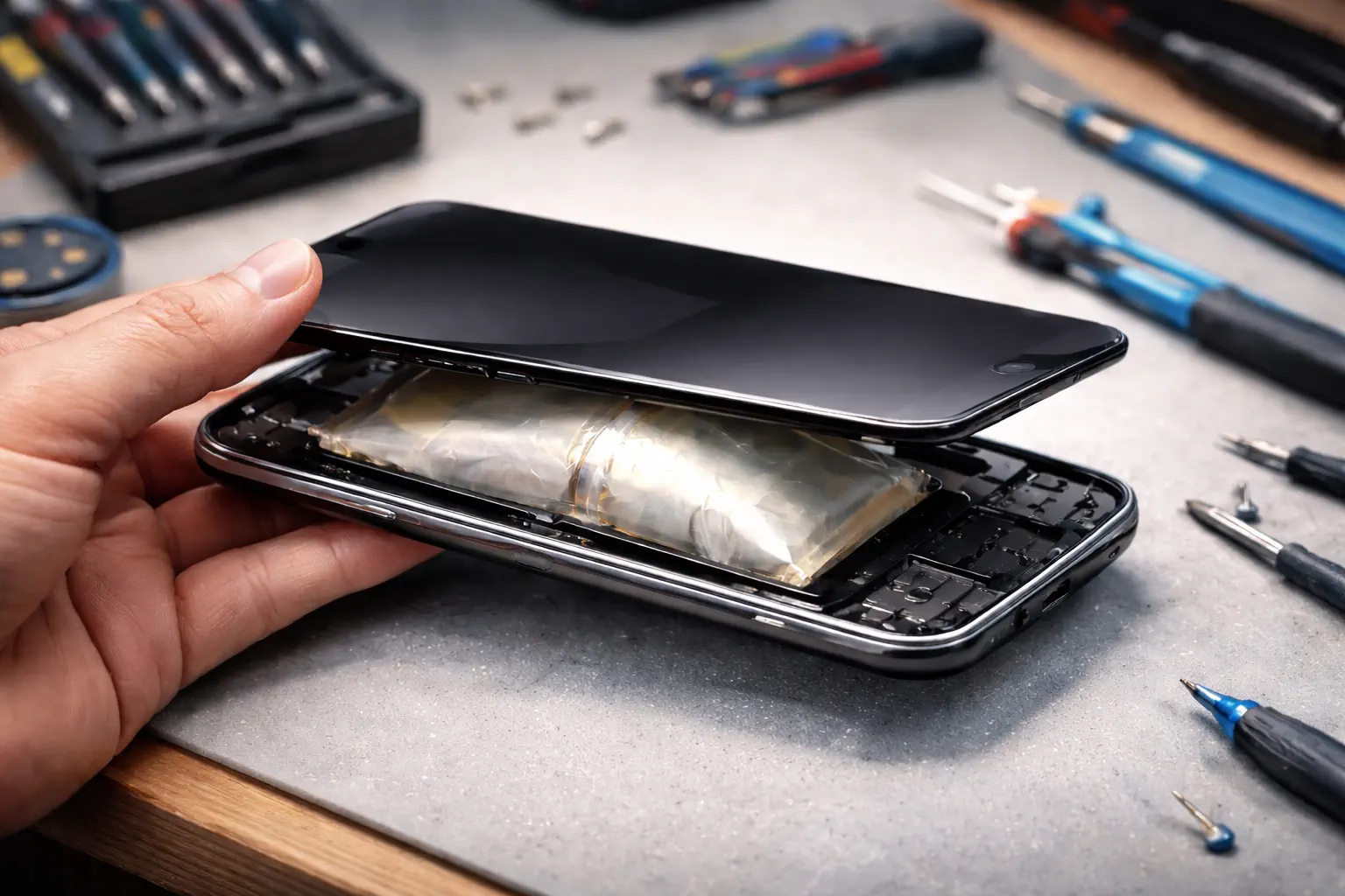 Вздутый аккумулятор в смартфоне перед заменой