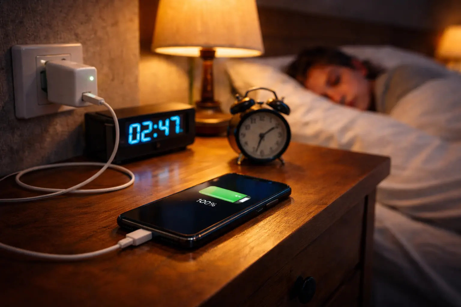 Телефон на ночной зарядке рядом с кроватью