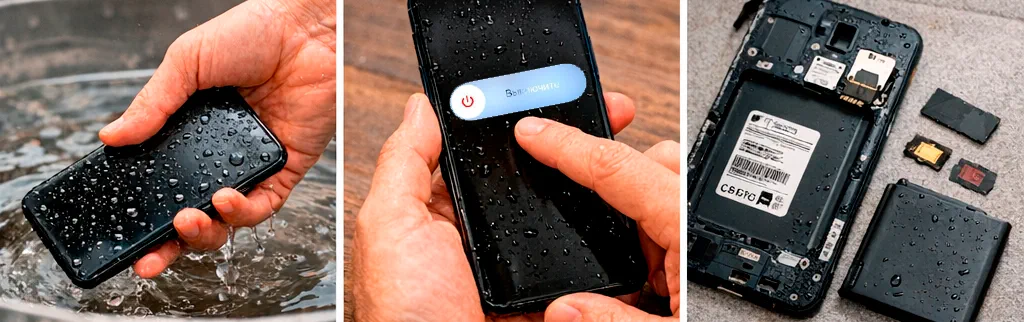 Первые три шага: достать телефон из воды, выключить его и достать всё съёмное