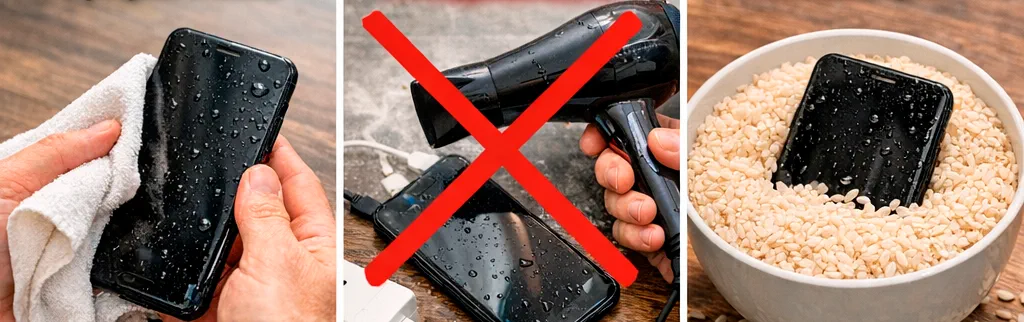 Следующие три шага: просушить телефон тканью, не сушить феном и не класть в рис